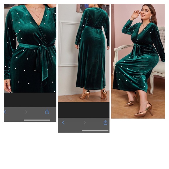 Plus Size Velvet Pearl Front Belted Formal Dress - Picture 10 of 16